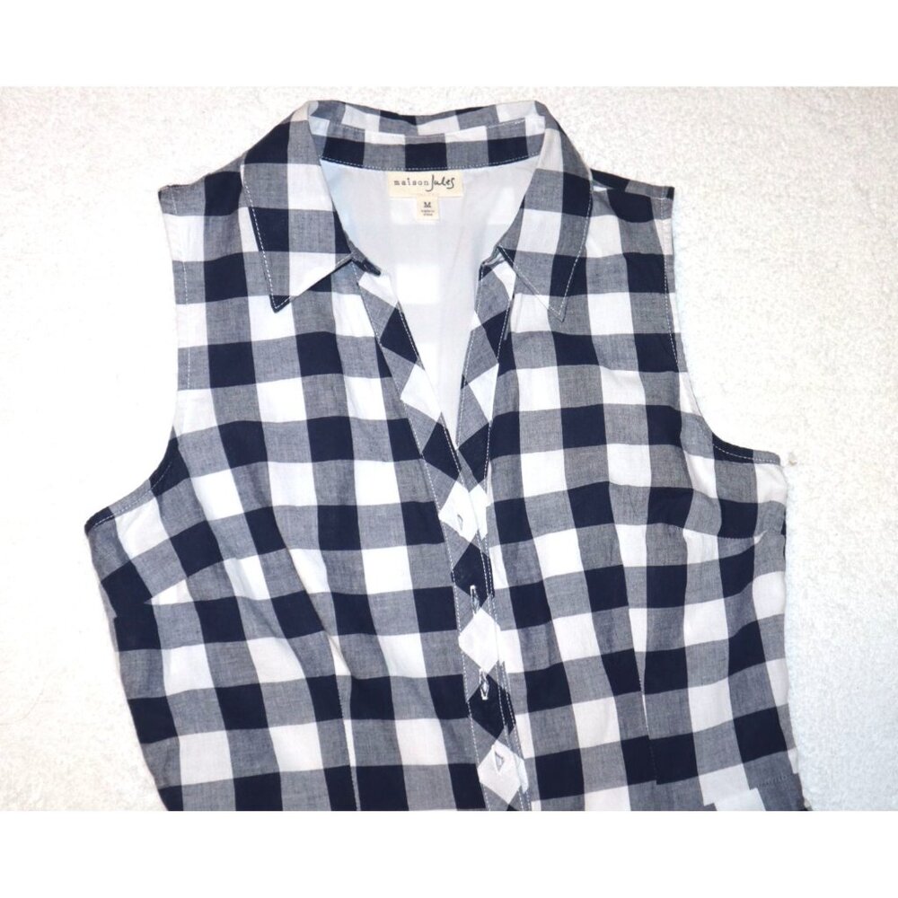 Maison Jules Blue Gingham Shirt Dress Sleeveless Fit and Flare Cotton Sundress M - Picture 3 of 9
